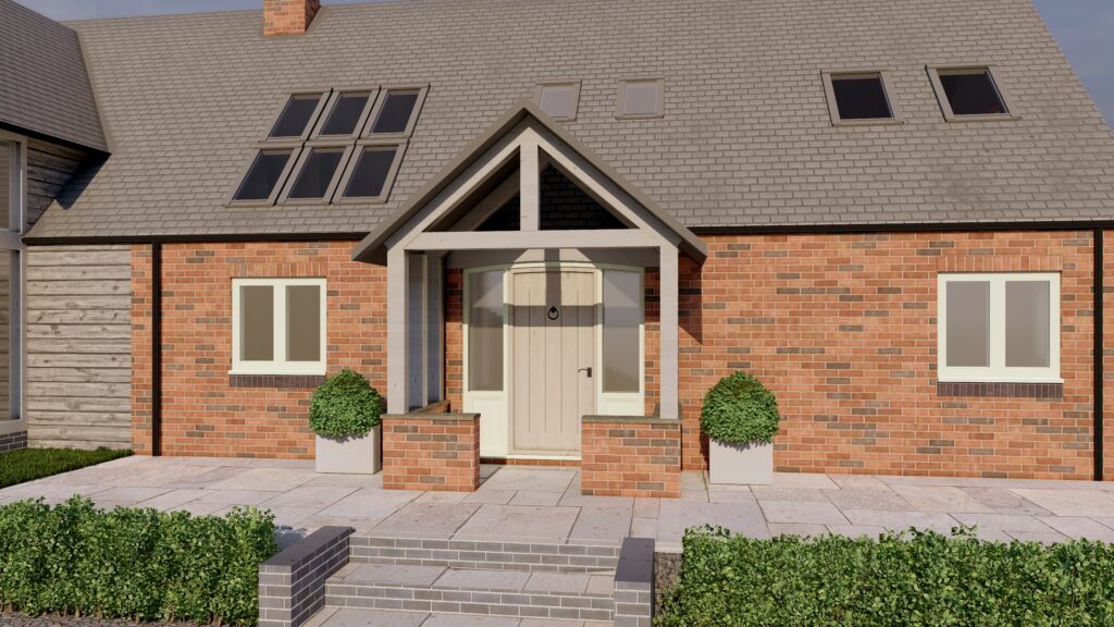 Architects render of front elevation at Herbalshaw Meadow Barn a picturesque country residence in Derbyshire. Construction works commenced by Allsopp Construction.