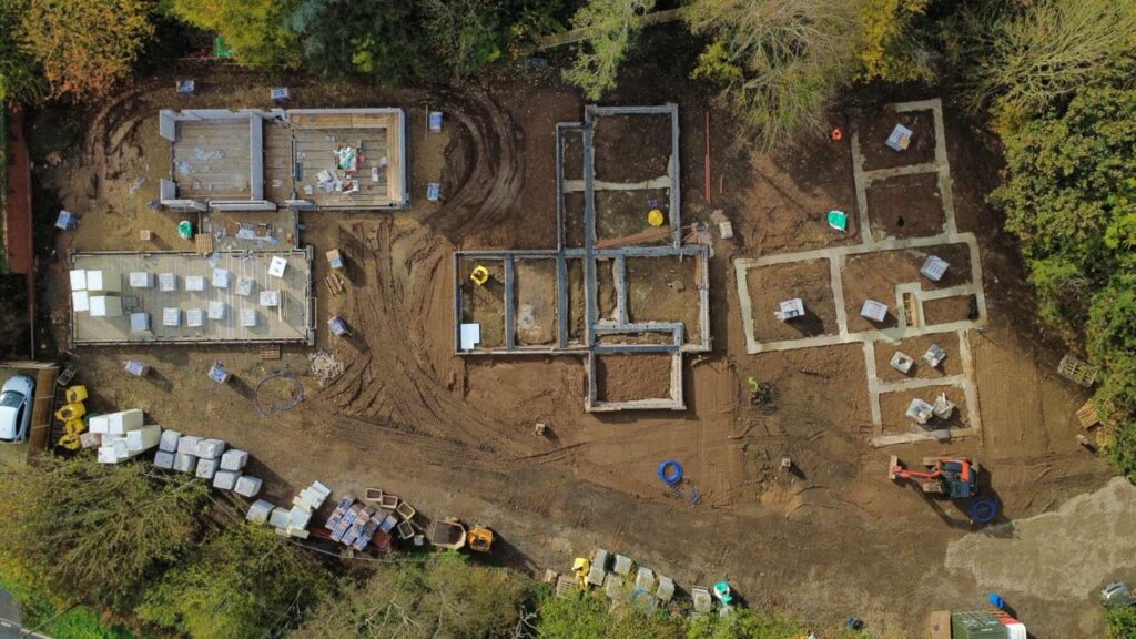 The Paddocks, Farmer Street, Bradmore, Nottingham aerial photo of 3 construction plots, the foundations for three new homes