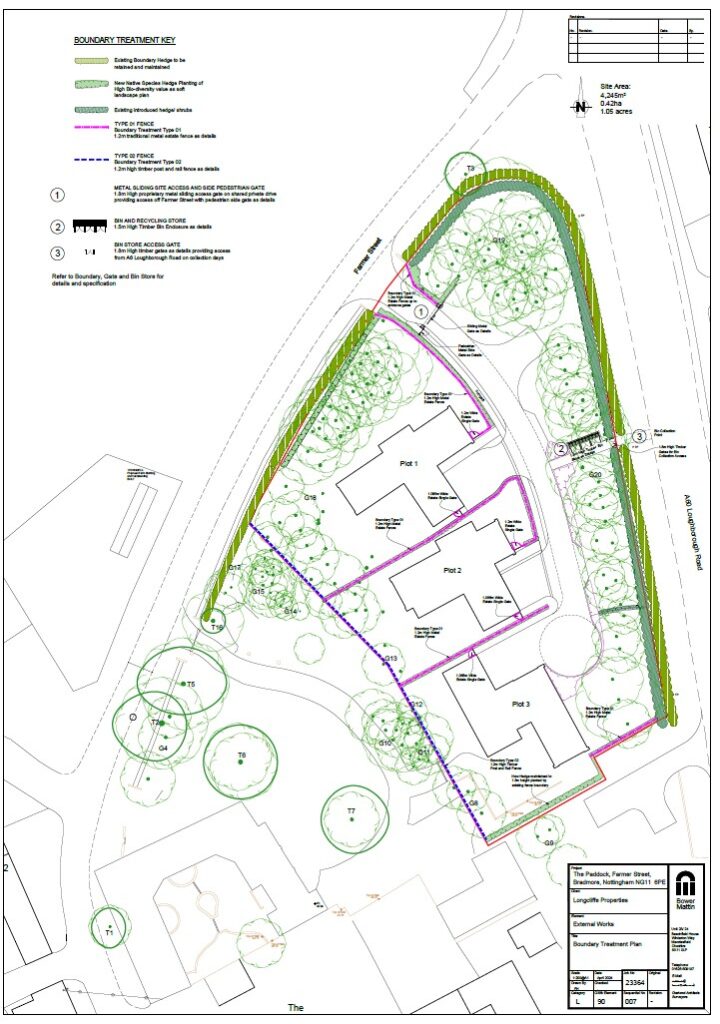 Site plan of new houses to be built at The Paddock, Bradmore, Nottingham. The map shows the outline of where the 3 plots will be built.