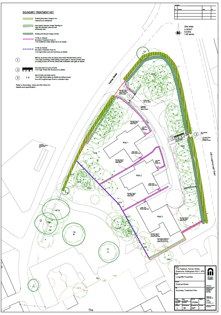Site plan of new houses to be built at The Paddock, Bradmore, Nottingham. The map shows the outline of where the 3 plots will be built.