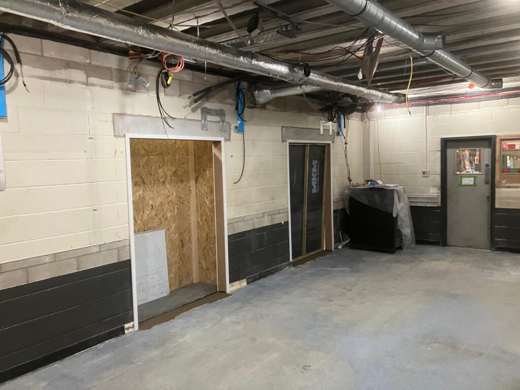 Inside Alstom Rivers Depot in Barton under Needwood. Large commercial office that is being refurbished. Image shows newly bricked u walls.