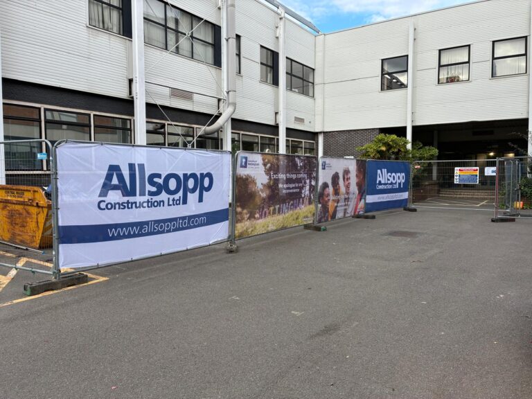 Front of the Chemistry Building at the University of Nottingham, with Allsopp Construction site fencing in place for the laboratory fire refurbishment works.